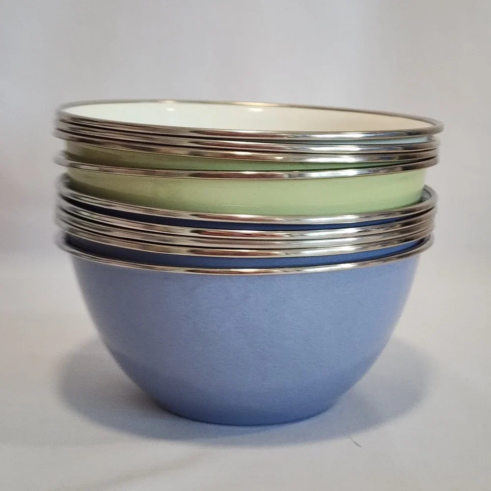 Pottery Barn Enamelware Bowls Set of 9 Pastel Green Blue White Metal Farmhouse